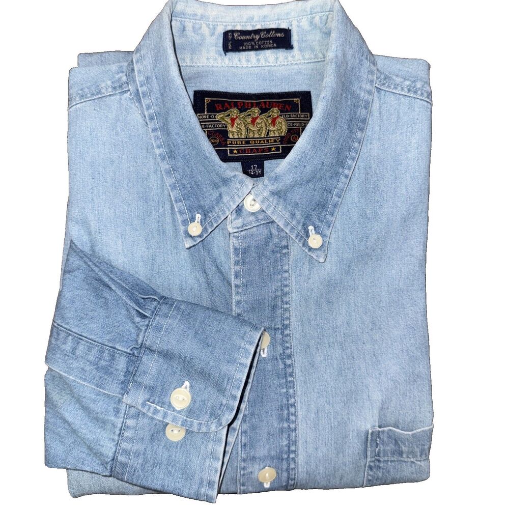 Vintage Chaps Ralph Lauren Country Cottons Denim Shirt Mens 17 34/35 Chambray XL